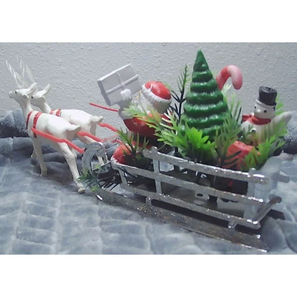 1960s/70s Plastic Xmas Kitsch Blow Mold, Santa, Sleigh & Reindeer, Holiday Decor